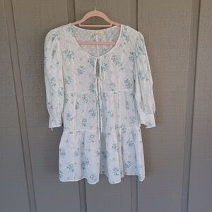 LoveShackFancy Bex Floral Print Cotton Mini Dress Size S Cottagecore 3/4 Sleeve